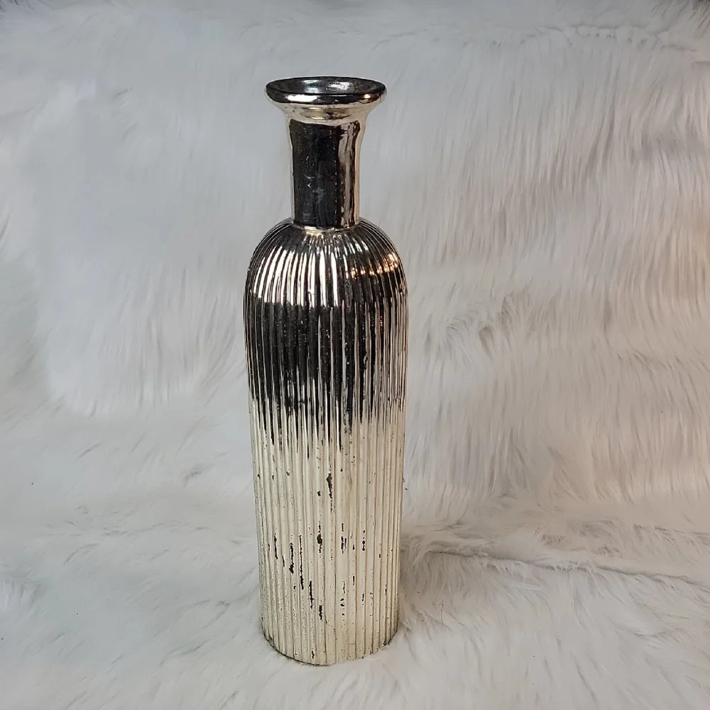 MERCURY GLASS Decorative Holiday Ribbed Metallic Tall Slim Glass‎ Container Vase
